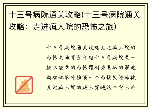 十三号病院通关攻略(十三号病院通关攻略：走进疯人院的恐怖之旅)